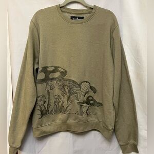 Blind Rooster Men’s Olive green Crewneck Sweater with Mushroom Print.  Style. M
